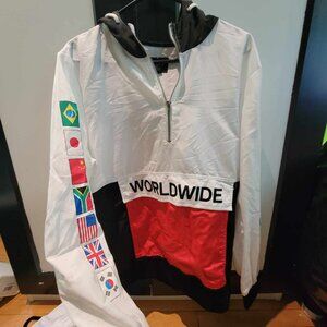 white windbreaker with flags on the arm